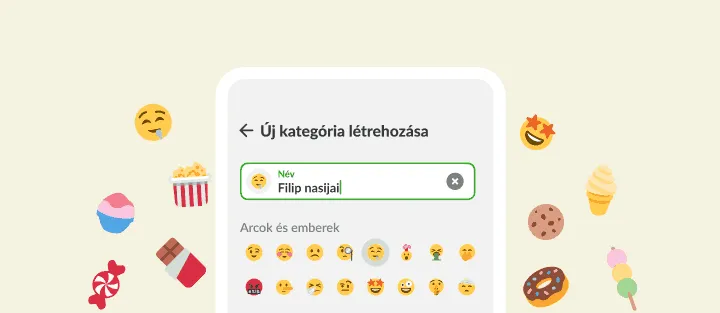 Új kategória képernyő saját nasi névvel és emojiválasztóval, édességek között