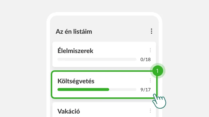 Az én listáim képernyő, egy ujj a kiemelt Költségvetés listára koppint