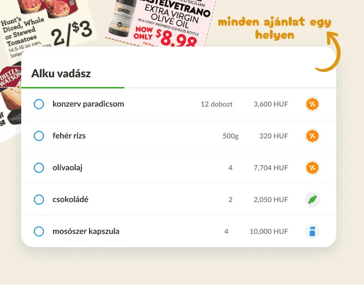 Akciós lista bolti szórólapok előtt, a leárazott tételeken százalékikon
