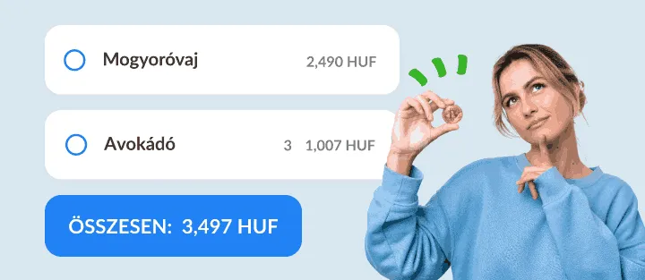 Elgondolkodó nő érmével, mellette két áras listatétel és azok összege
