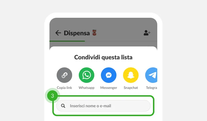 Menu di condivisione con icone di app di messaggi e campo per nome o e-mail