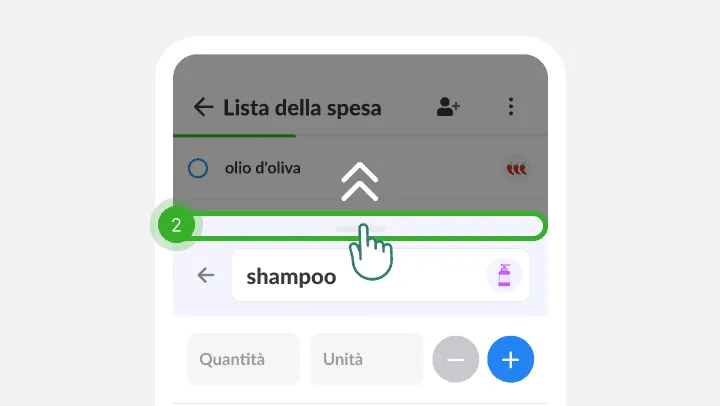 Un dito trascina in alto il pannello dello shampoo sopra la lista della spesa