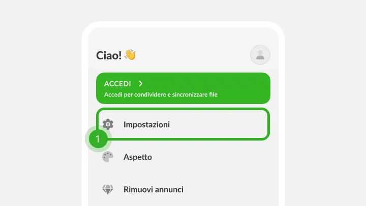 Menu profilo con banner di accesso e riga dell'ingranaggio come passo 1