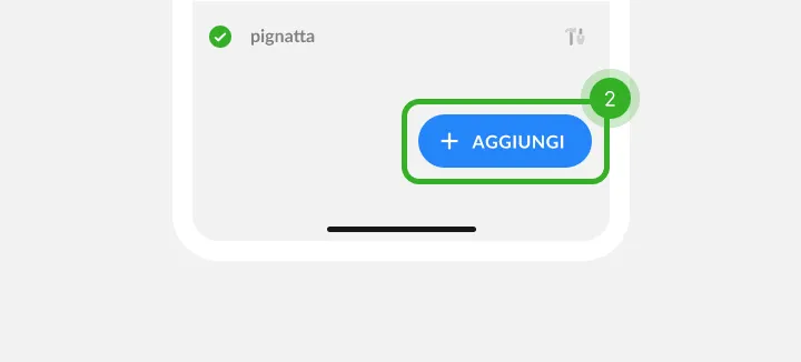 Fondo di una lista con una voce spuntata e un pulsante blu segnato come passo 2