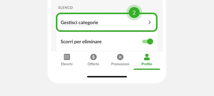 Impostazioni con la riga delle opzioni lista come passo 2 sopra le schede
