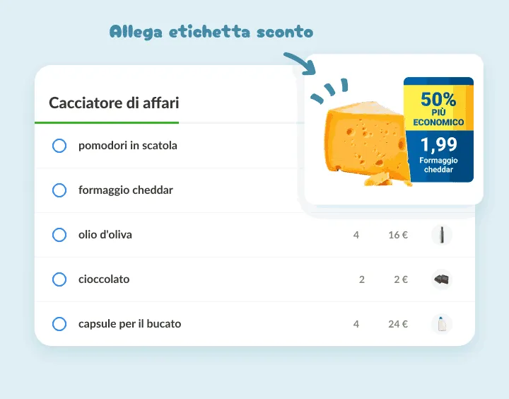Cheddar in una lista di offerte con foto allegata del cartellino a metà prezzo