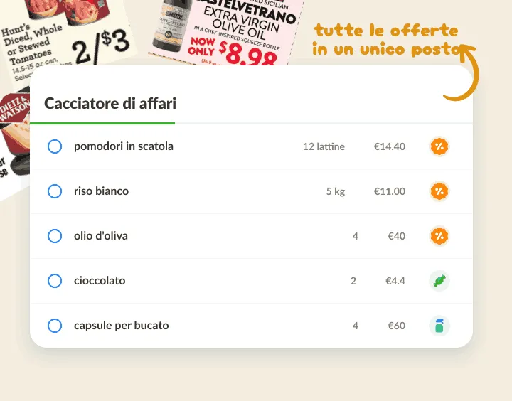 Lista di offerte su volantini, con gli articoli scontati segnati da un'icona