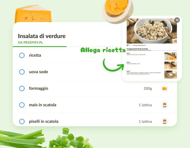 Lista Insalata di verdure: uova, formaggio, mais, piselli e anteprima ricetta