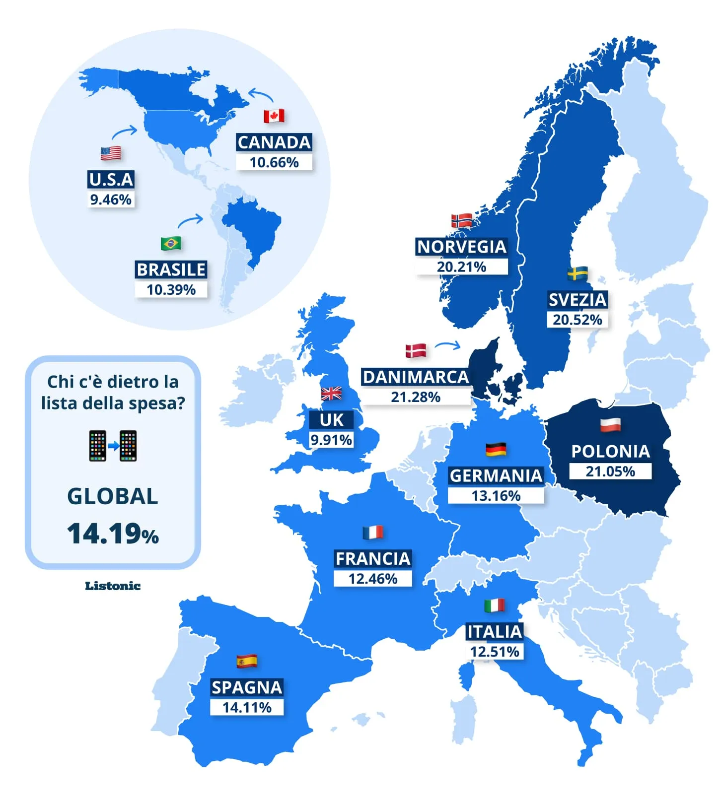 Mappa: in testa per liste condivise la Danimarca (21,28%); Italia al 12,51%