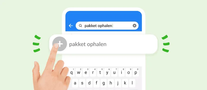 Een vinger voegt een getypt klusje toe vanuit de zoekbalk: pakket ophalen