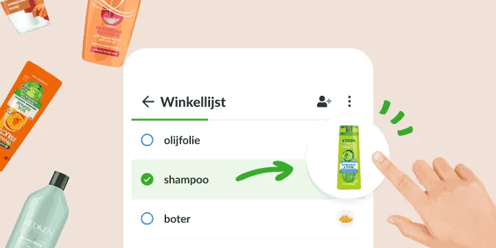 Winkellijst waarin een afgevinkte shampoo een foto van precies die fles opent