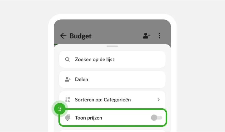Lijstmenu met zoeken, delen en sorteren en een prijsschakelaar die nog uit staat
