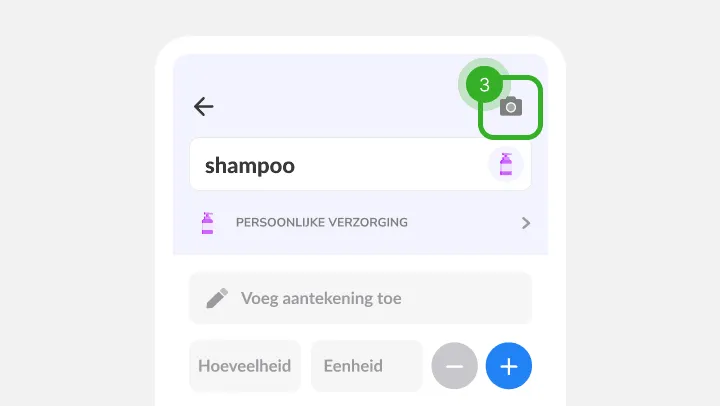 Details van shampoo met notitie- en hoeveelheidsveld en een gemarkeerd hoekicoon
