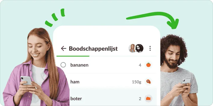 Een vrouw en een man op hun telefoon, met één gedeelde boodschappenlijst