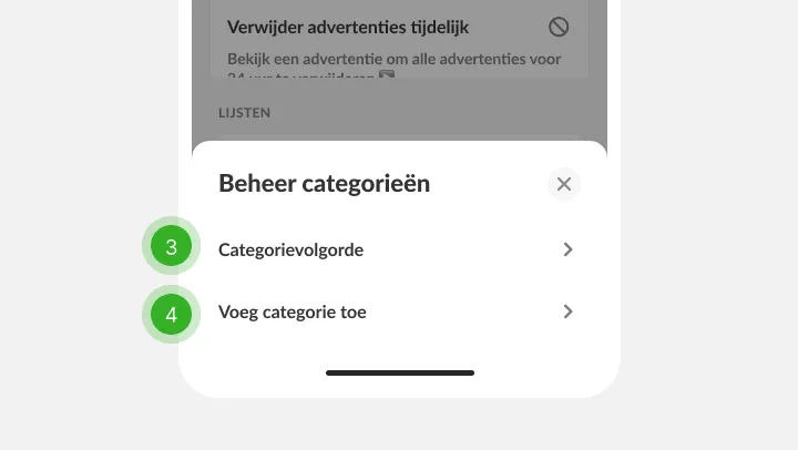 Categoriepaneel met volgorde en toevoegen, gemarkeerd als stap drie en vier