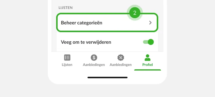 Instellingenscherm met een rij lijstopties als stap twee boven de tabbalk
