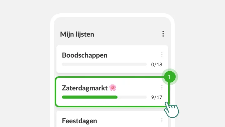 Mijn lijsten met de lijst Zaterdagmarkt gemarkeerd onder een tikkende vinger