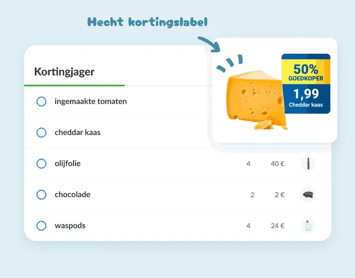 Cheddar op een kortingslijst met een foto van het kortingslabel voor halve prijs