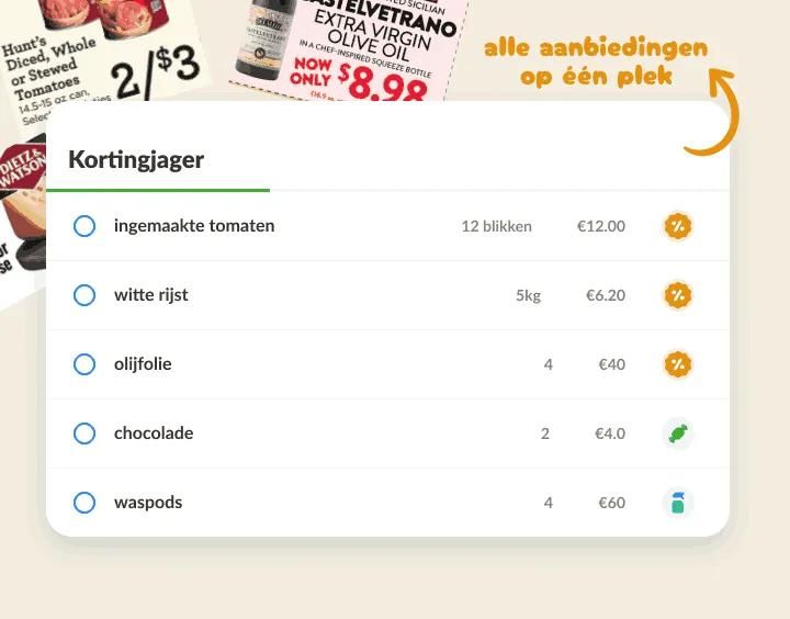 Aanbiedingenlijst op folders, afgeprijsde items gemarkeerd met een procent-icoon