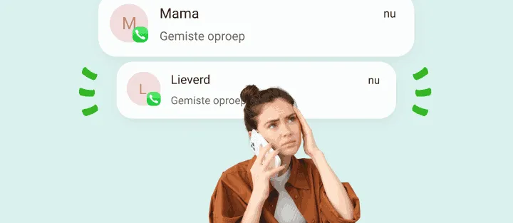 Bezorgde vrouw aan de telefoon onder twee meldingen van gemiste oproepen