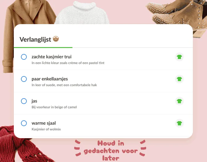 Verlanglijst met een trui, laarsjes, een jas en een sjaal, elk met een notitie