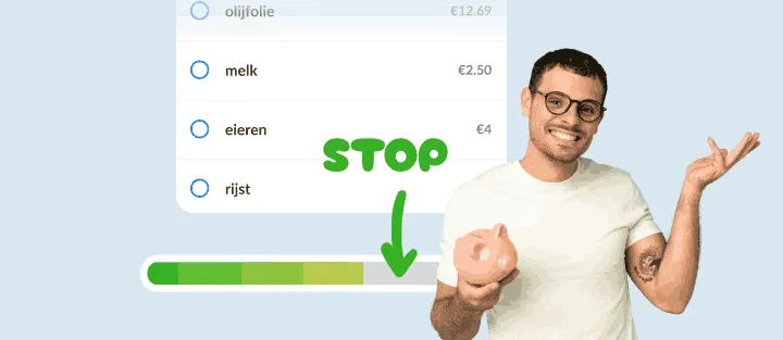 Lachende man met een spaarvarken naast een lijst en een bijna volle uitgavenbalk