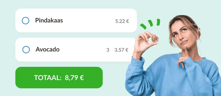 Vrouw met een munt naast pindakaas en avocado's met prijzen en een totaal