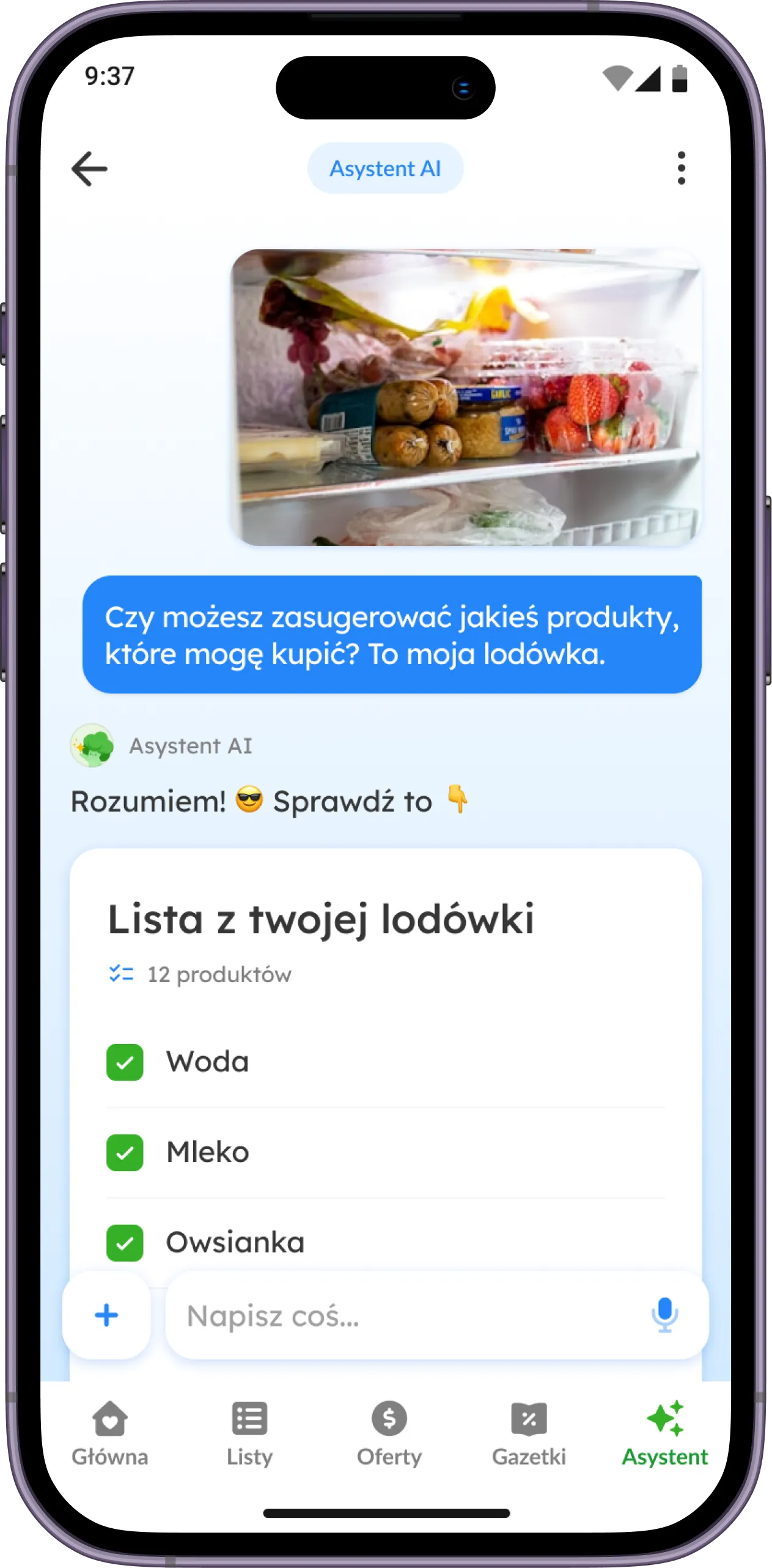 Zrzut ekranu: ze zdjęcia lodówki Asystent AI tworzy listę 12 produktów