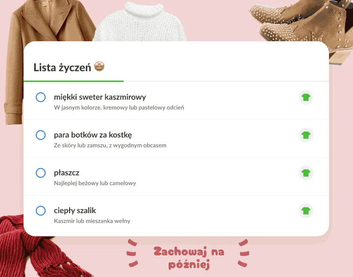 Lista życzeń: sweter, botki, płaszcz i szalik, wokół niej zdjęcia ubrań