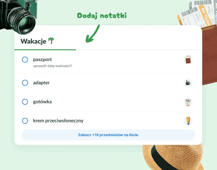 Lista Wakacje z paszportem, adapterem, gotówką i kremem przeciwsłonecznym