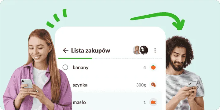 Kobieta i mężczyzna przy telefonach, a między nimi wspólna lista zakupów