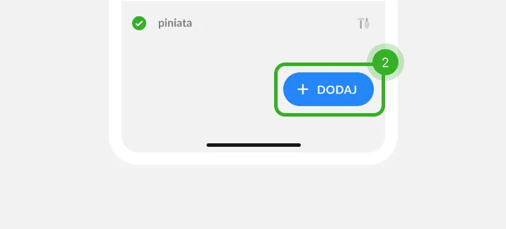 Dół listy z odhaczoną pozycją i niebieskim przyciskiem oznaczonym jako krok 2