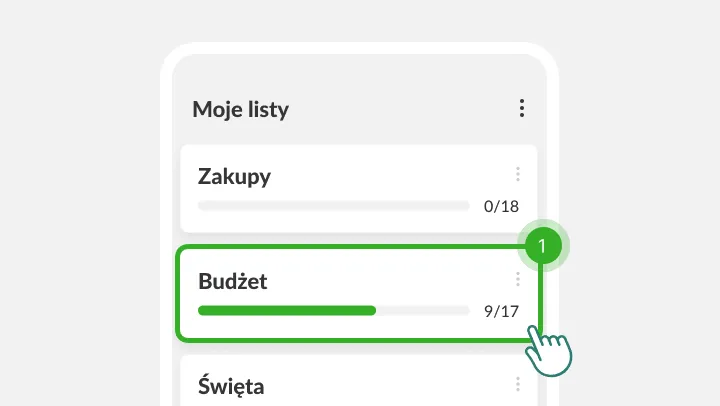 Ekran Moje listy z wyróżnioną listą Budżet, w którą stuka palec