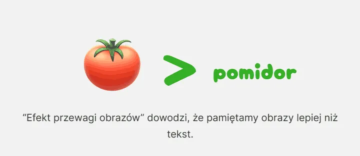 Pomidor na obrazku pokazany jako większy od zapisanego słowa pomidor