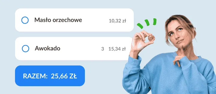 Zamyślona kobieta z monetą obok dwóch pozycji listy z cenami i ich sumą