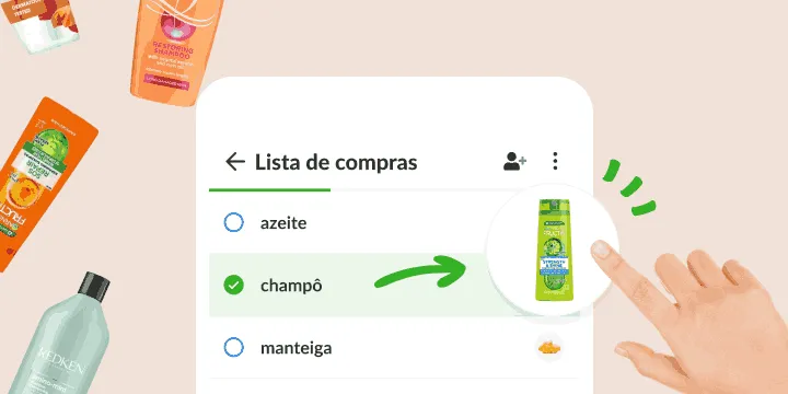 Lista de compras em que o champô marcado abre uma foto do frasco exato