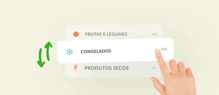 Um dedo arrasta congelados entre frutas e produtos secos para mudar a ordem