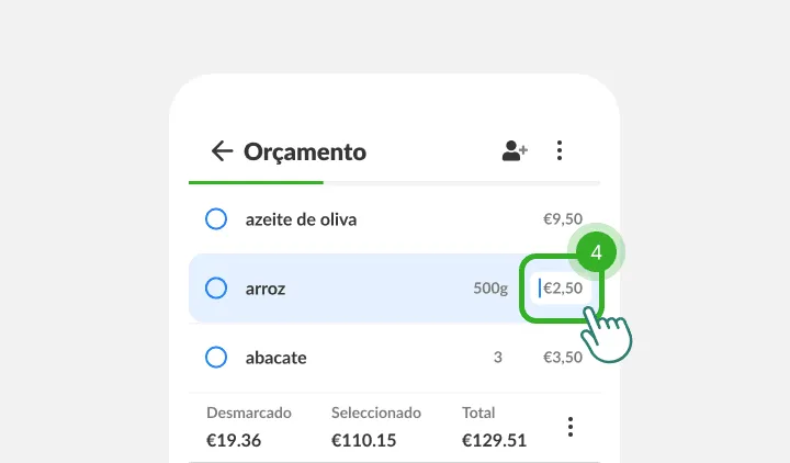 Um dedo toca no campo do preço junto ao arroz, com os totais da lista em baixo