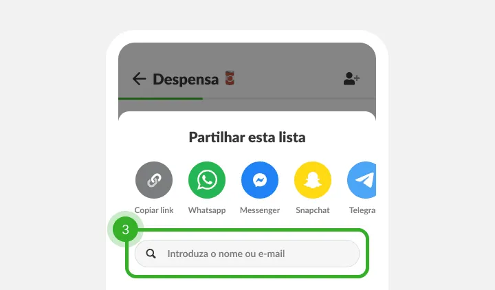 Menu de partilha com ícones de apps de mensagens e campo para nome ou e-mail