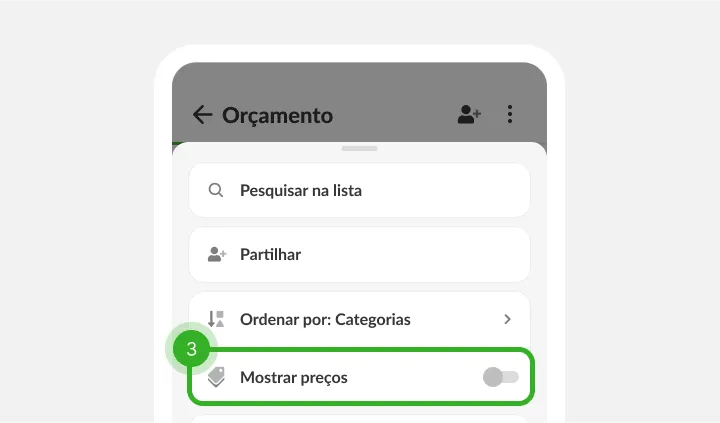 Menu da lista com pesquisar, partilhar e ordenar e o botão de preços desligado