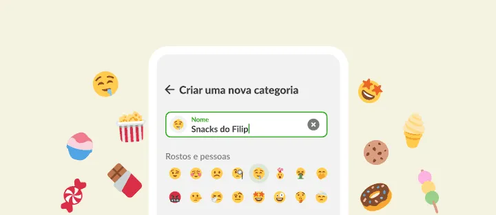Ecrã de nova categoria com nome de snacks personalizado e emojis, entre doces