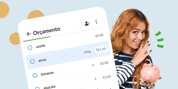 Mulher sorridente com um mealheiro ao lado de uma lista de orçamento com preços