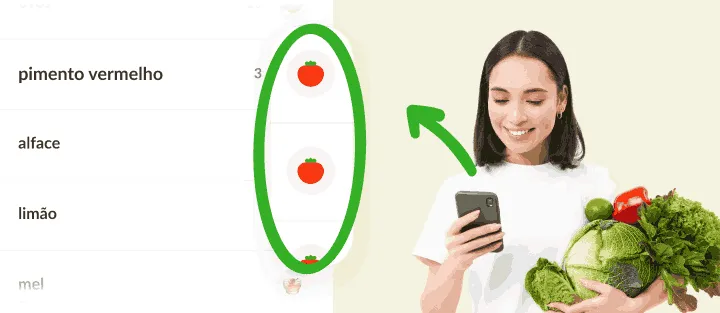 Mulher com legumes e telemóvel junto a itens com o mesmo ícone de frescos