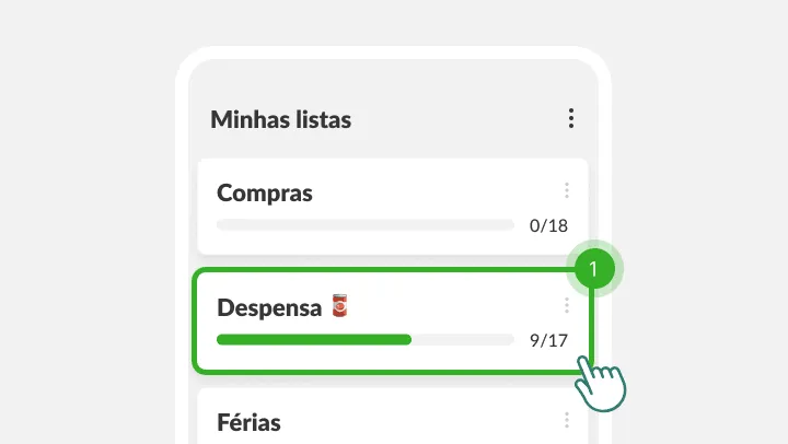 Ecrã Minhas listas com a lista Despensa destacada sob um dedo a tocar