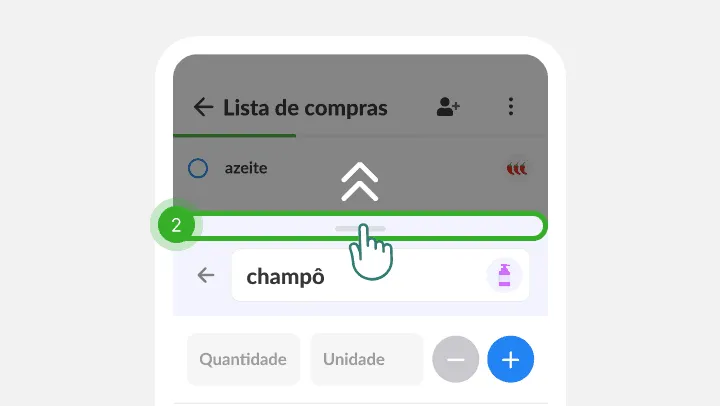 Um dedo puxa para cima o painel do champô sobre a lista de compras