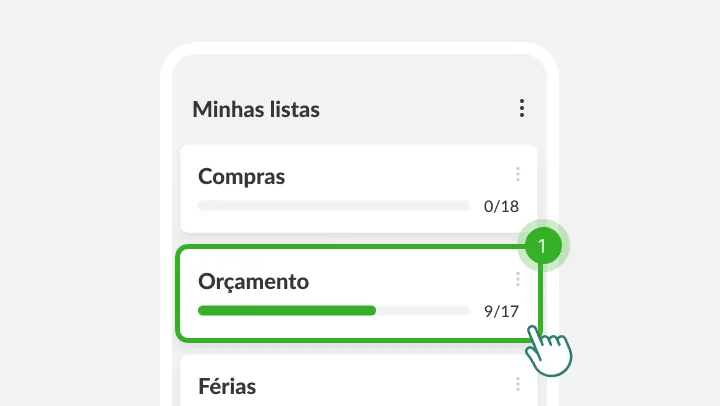 Ecrã Minhas listas com a lista Orçamento destacada sob um dedo a tocar