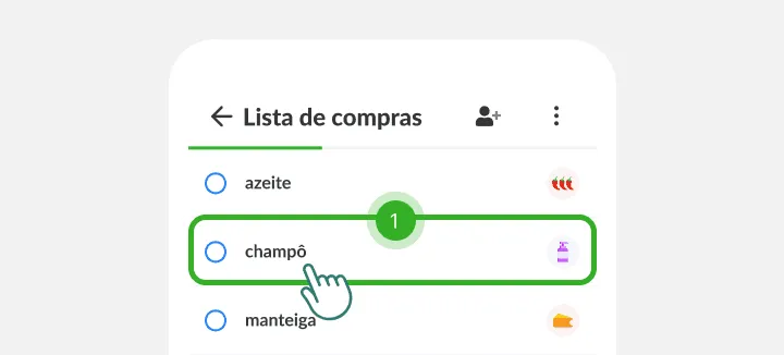 Um dedo toca no item champô entre o azeite e a manteiga numa lista de compras