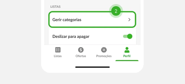 Definições com a linha de opções da lista como passo dois, sobre os separadores