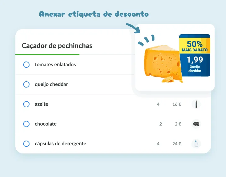 Queijo cheddar numa lista de pechinchas com foto da etiqueta de metade do preço