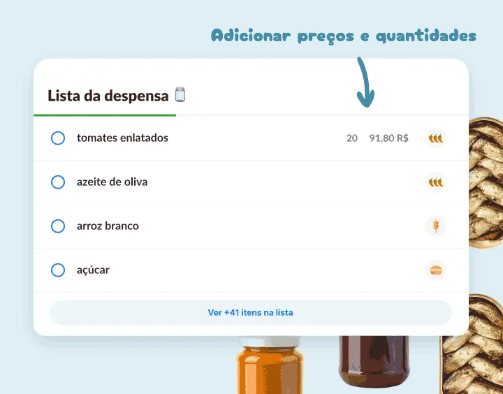 Lista da despensa: tomate enlatado, azeite de oliva, arroz, açúcar, um com preço